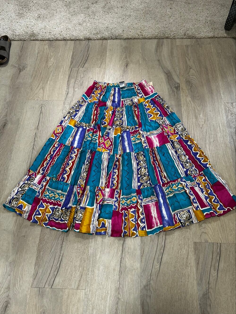 Vintage Ali Miles Tiered Boho Peasant Maxi Skirt - Colorful Geometric Print